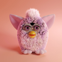 3d-Modellierung des Spielzeugs Furby mit pinkem Fell auf mehrfarbigem Hintergrund.