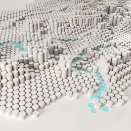 Dreidimensionale Karte, bestehend aus grauen und hellblauen Säulen, die Gebirge und Flüsse darstellen.