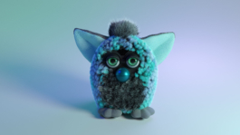3d-Modellierung des Spielzeugs Furby mit blau-schwarzem Fell auf mehrfarbigem Hintergrund.
