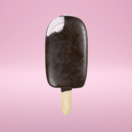 Dreidimensionales Modell eines Eis am Stiel mit dunkler Schokolade und Himbeer-Kern.