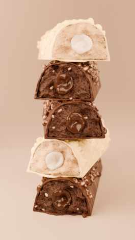 Rendering of a stack of chocolate protein bars with a soft core.