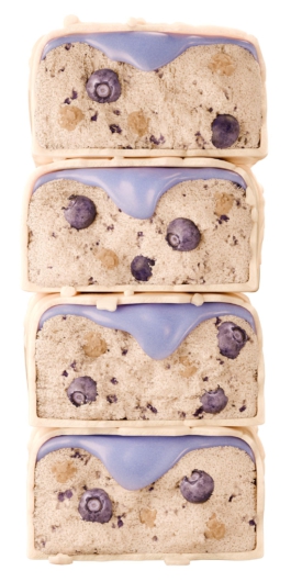 Rendering of a stack of blueberry protein bars.