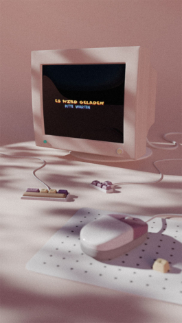 Loading screen of an old display from around the 90s and a fitting keyboard and mouse all in a light pink hue.